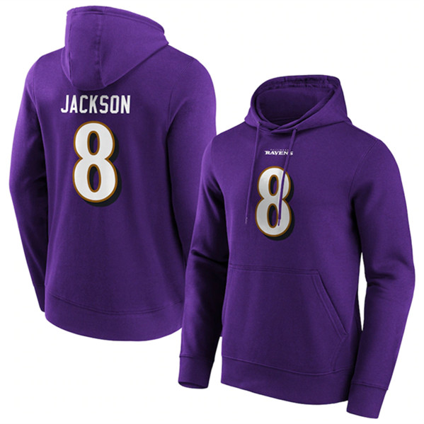 Men's Baltimore Ravens #8 Lamar Jackson Purple Hoodie - Click Image to Close